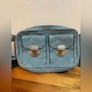 Fossil Top Zip Blue Leather Lined Pockets Crossbody Purse Handbag